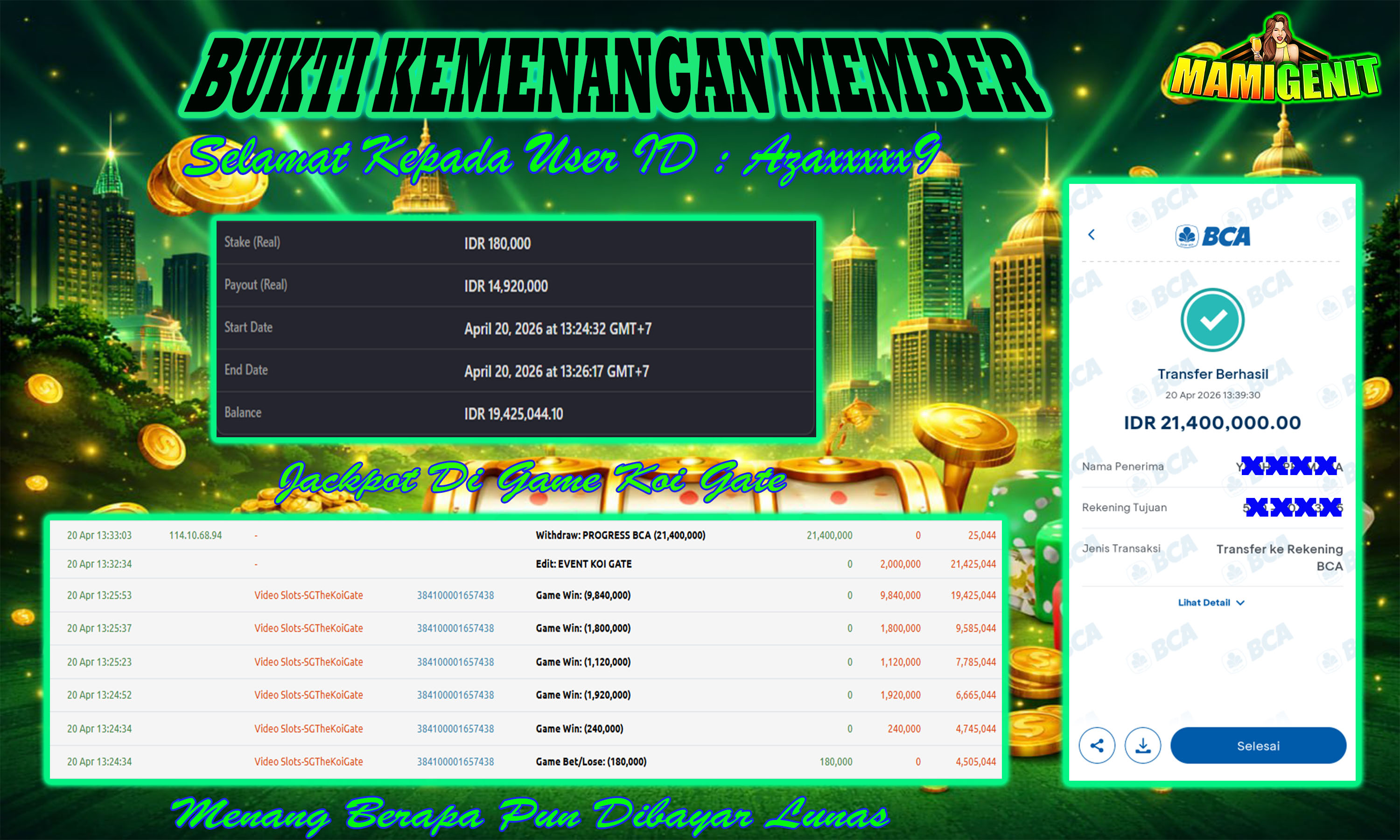 MAMIGENIT - JACKPOT DI SEBESAR RP.21,400,000,- DI GAME KOI GATE